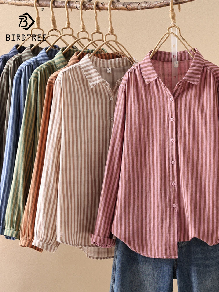 

Новая женская хлопковая блузка с длинным рукавом на весну 2026 года, в полоску, с отложным воротником, в винтажном японском стиле Mori Girl, свободного кроя, T61624CC