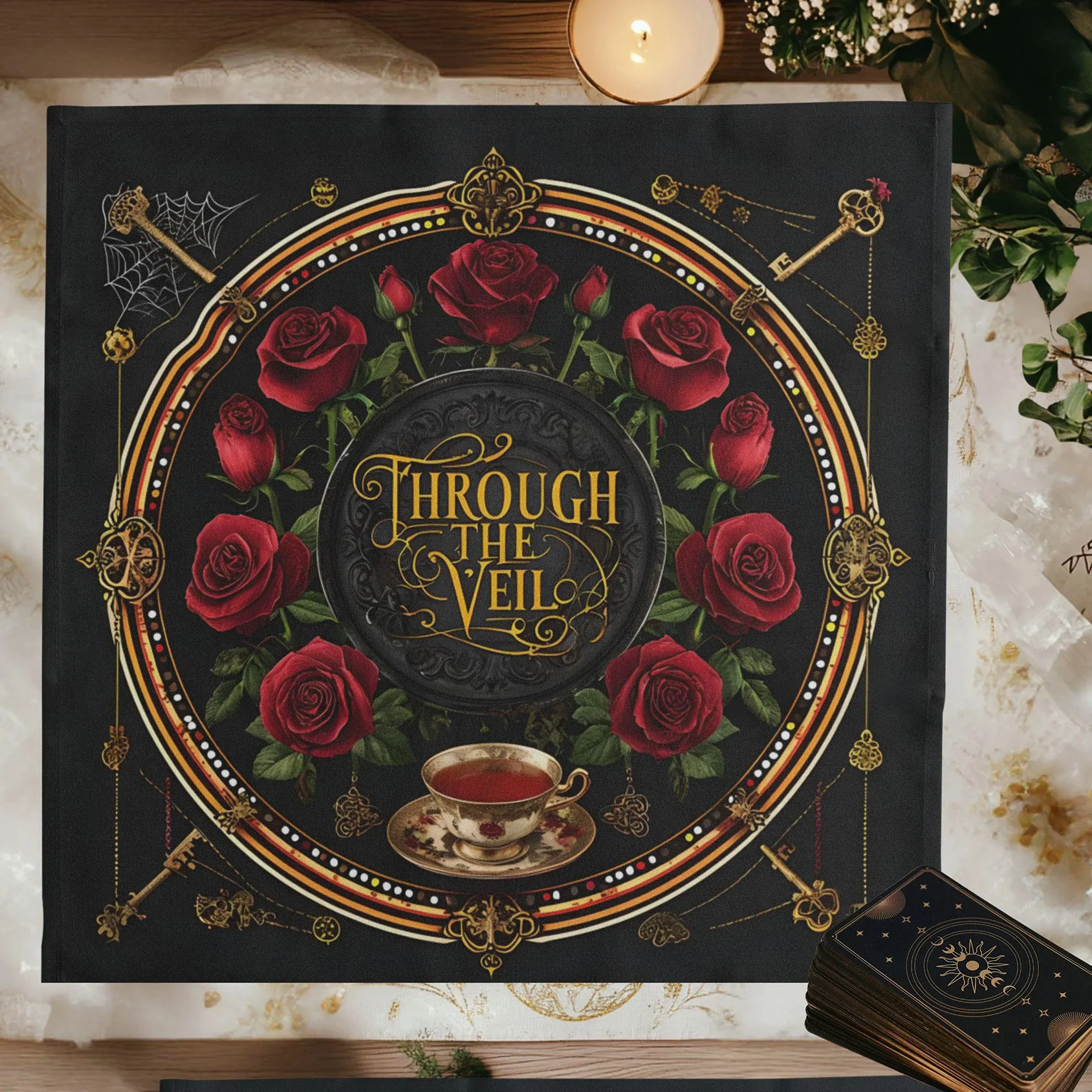 50/75/110/137cm Gothic Tarot Cloth Vintage Teacups Keys Roses Dark Wonderland Table Cover Witchy Altar Decor Samhain Divination