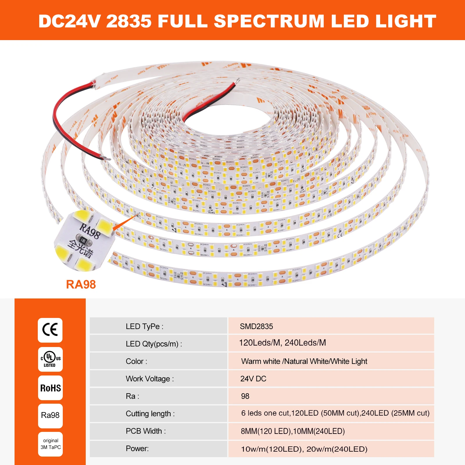 RA98 SMD2835 Светодиодная лента, клейкая, 24 В, 120/240 светодиодов, полный спектр, супер яркая гибкая светодиодная лента, 2700–6000 К, домашнее освещение