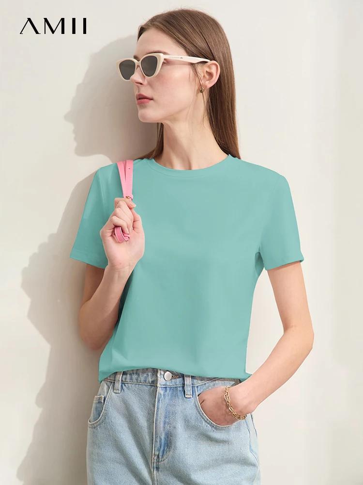 Amii Minimalism Women T-shirts 2024 Summer New Casual Basic O-Neck Slim Short-sleeve Female Dopamine Color Solid Tees 12442327