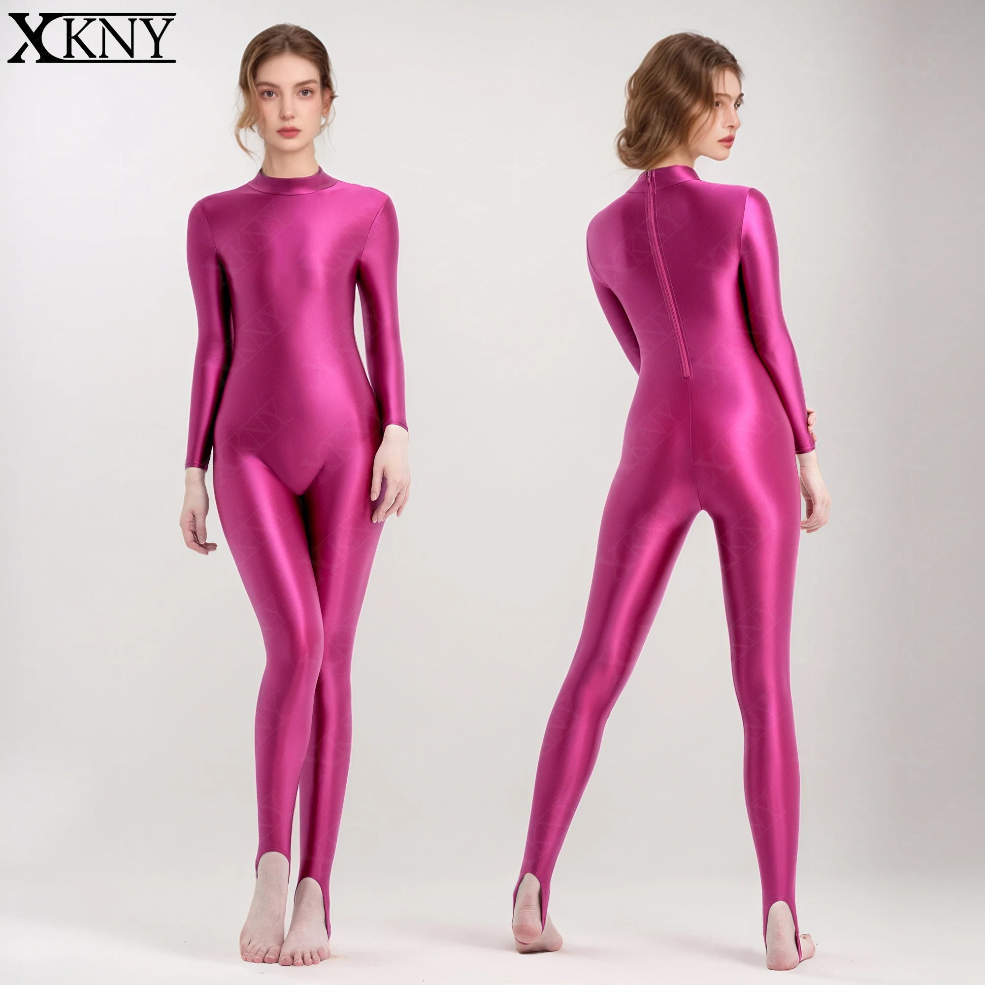 XCKNY glossiness series One Piece bodysuit satin glossy Oil High Neck  zipper Long Sleeve Full bodyTight  Silk leotard