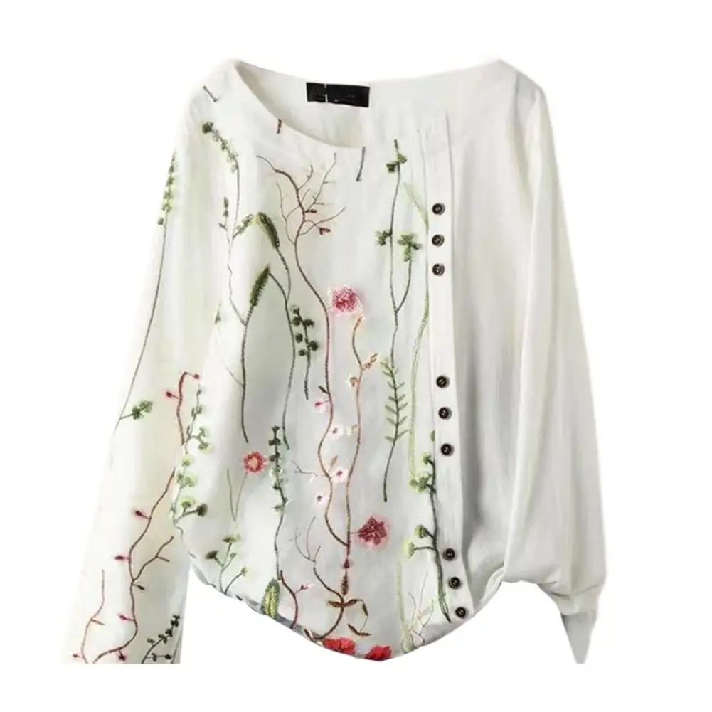 Breathable Top Stretchy Blouse Embroidery Floral Pattern Women's Spring Summer Shirt O-neck Short Sleeve Comfortable for Women