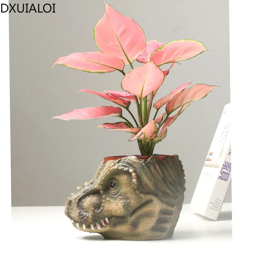 DXUIALOI resin Tyrannosaurus head contour flower pot desktop potted simple breathable plant flower pot home decoration