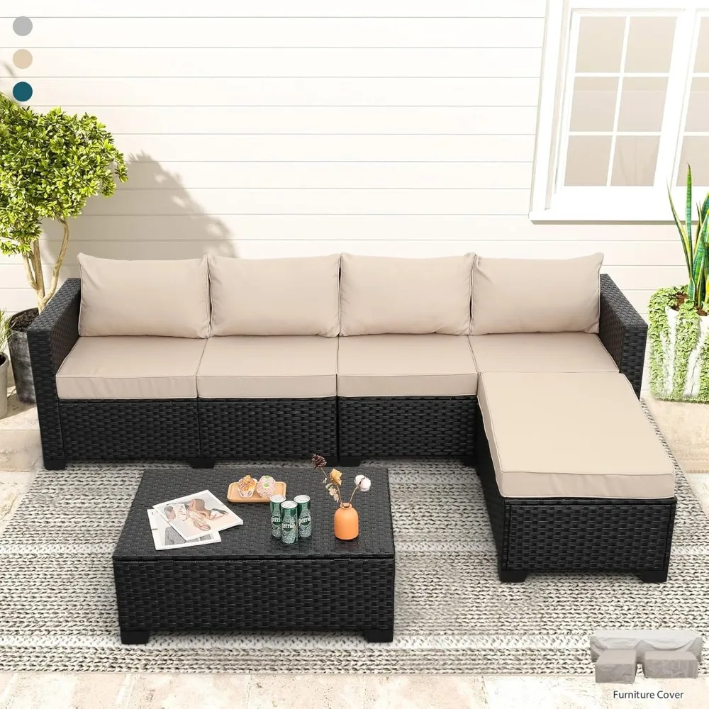 

Outdoor Sectional Wicker Patio Furniture Long Patio Couch with Ottoman and Outdoor Storage Table 4 Pieces Patio Furniture Set W