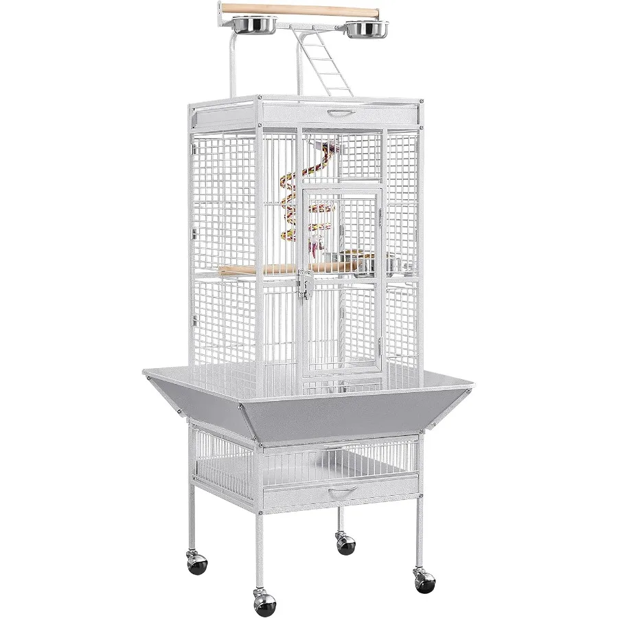 

61inch Wrought Iron Selection Play Top Large Parrot Bird Cage White for spacious indoor aviary setup featuring durable iron con