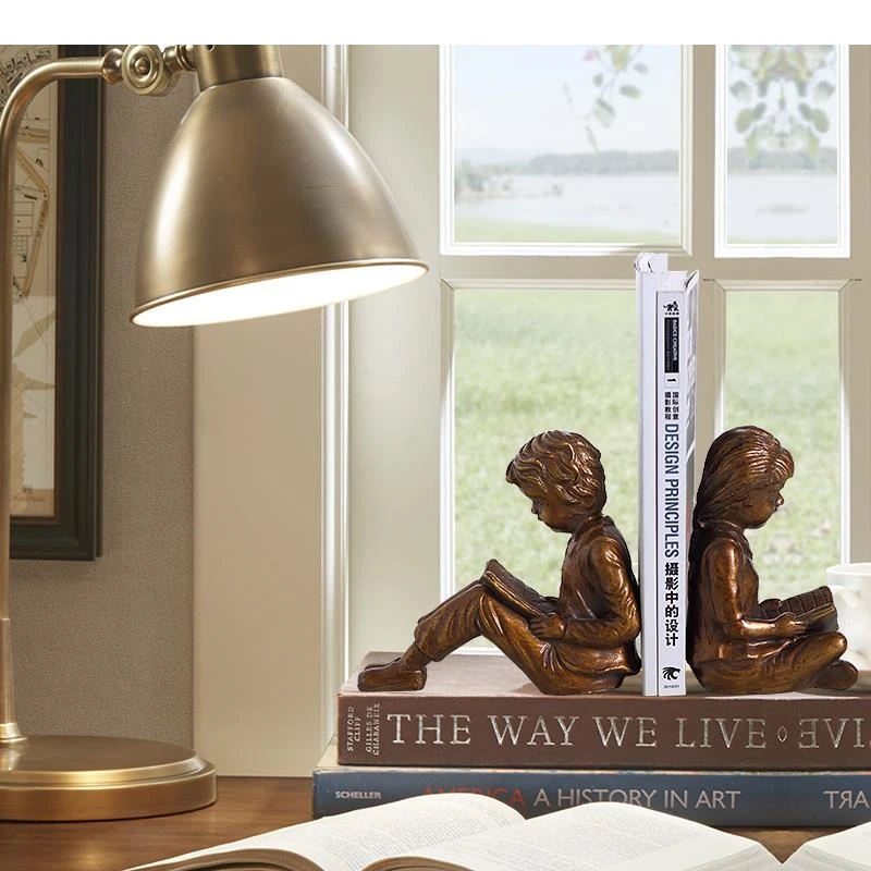 Brass Color Resin Kid Bookend Sculpture vintage Bookcase Furnishing Boy Girl Crafts Gift Home Decoration Two-piece Set