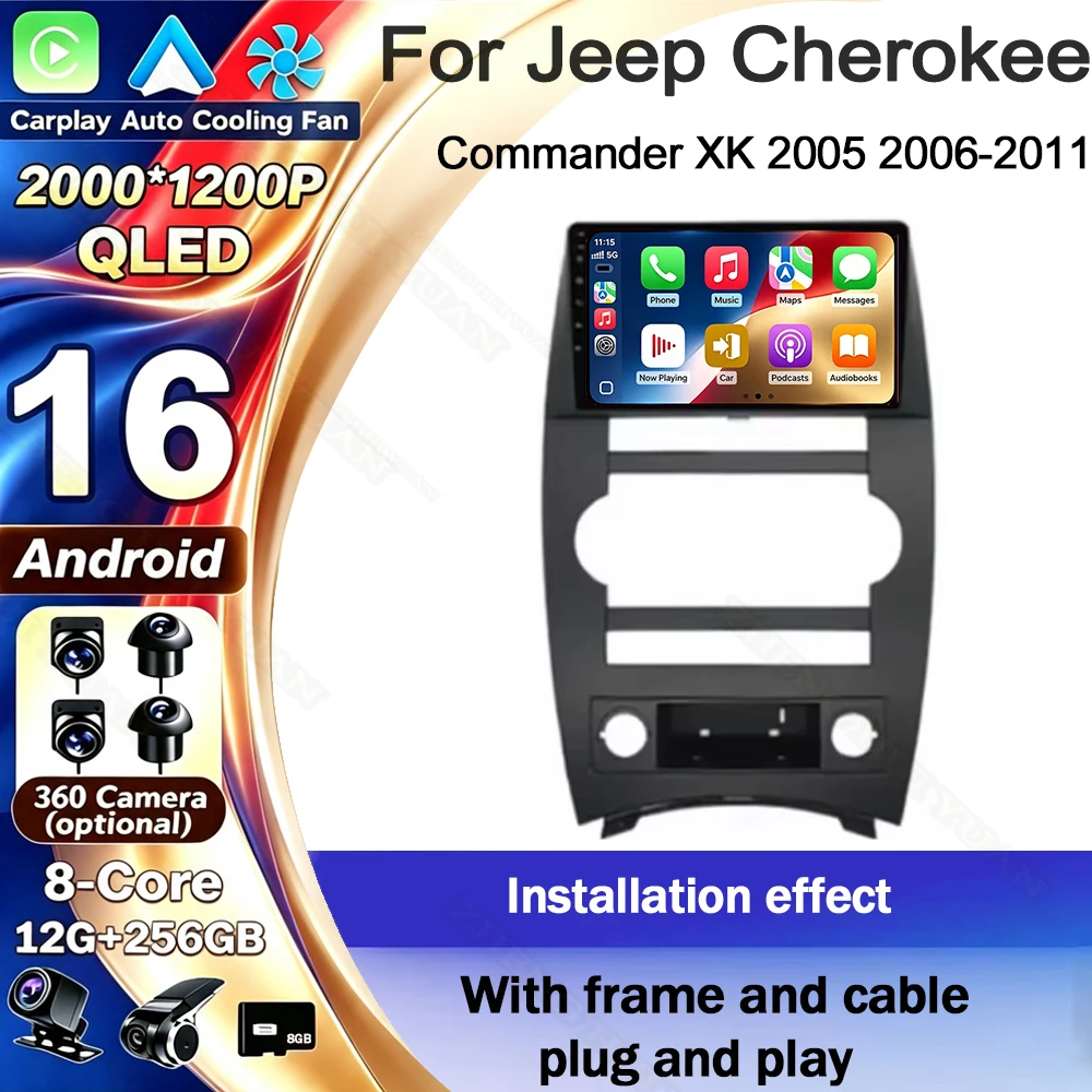 Android 16 For Jeep Cherokee Commander XK 2005 2006-2011 CarPlay Android Auto Car Radio Stereo GPS Navigation Multimedia Player