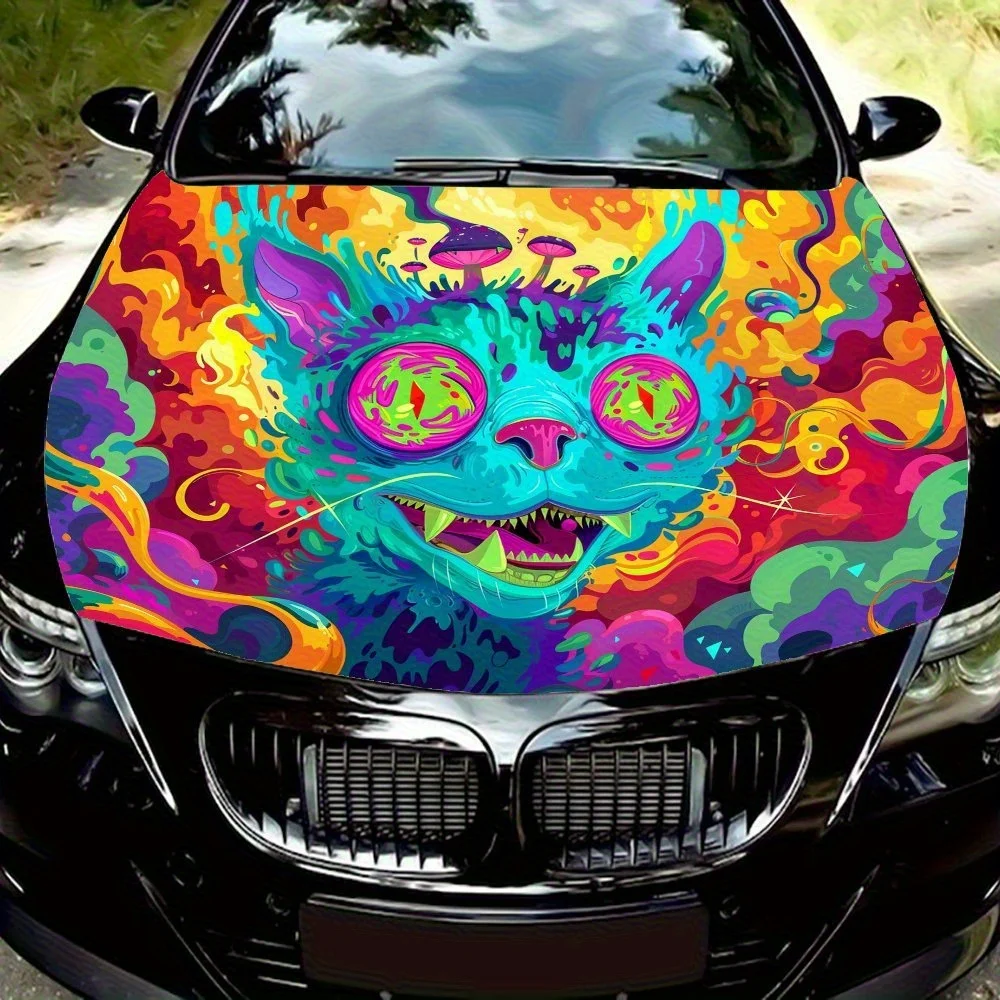 

Colorful Cat Green Eyes Car Cover Stickers Wrapped In Vinyl Film Engine Hood, Waterproof And Easy To Stick Paper Car Cover Prote