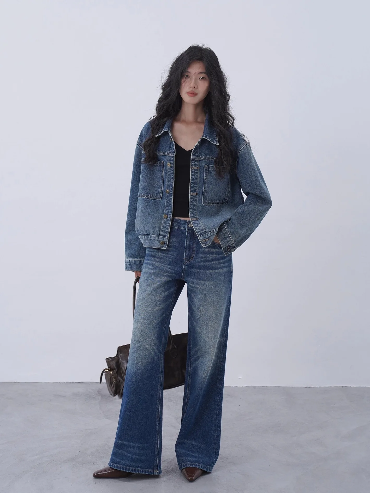 

Джинсы EIGHTHMONTH с высокой талией и широкими штанинами, женские, свободного кроя, темно-синие, винтажные, с эффектом потертости, повседневные брюки