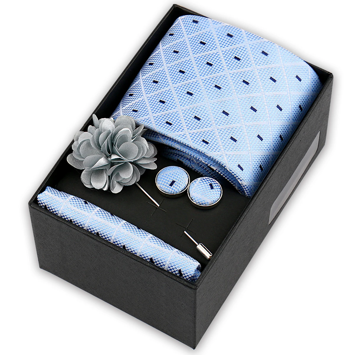 Brand Design Tie Handkerchief Cufflink Clip Set For Men Silk Necktie Holiday Gift Box Blue Gold Suit Accessories Wedding Gravata