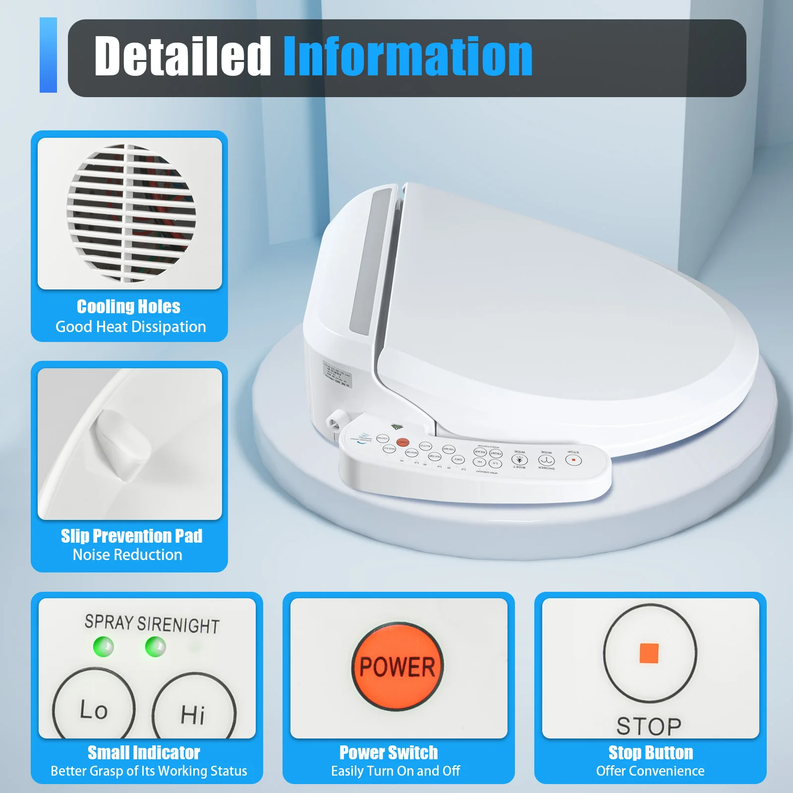 Sedile WC intelligente Bidet 1350W Riscaldato Spruzzo d'acqua regolabile a 3 temperature Essiccatore ad aria calda IPX4 Risciacquo per massaggio anca/femmina/mobile