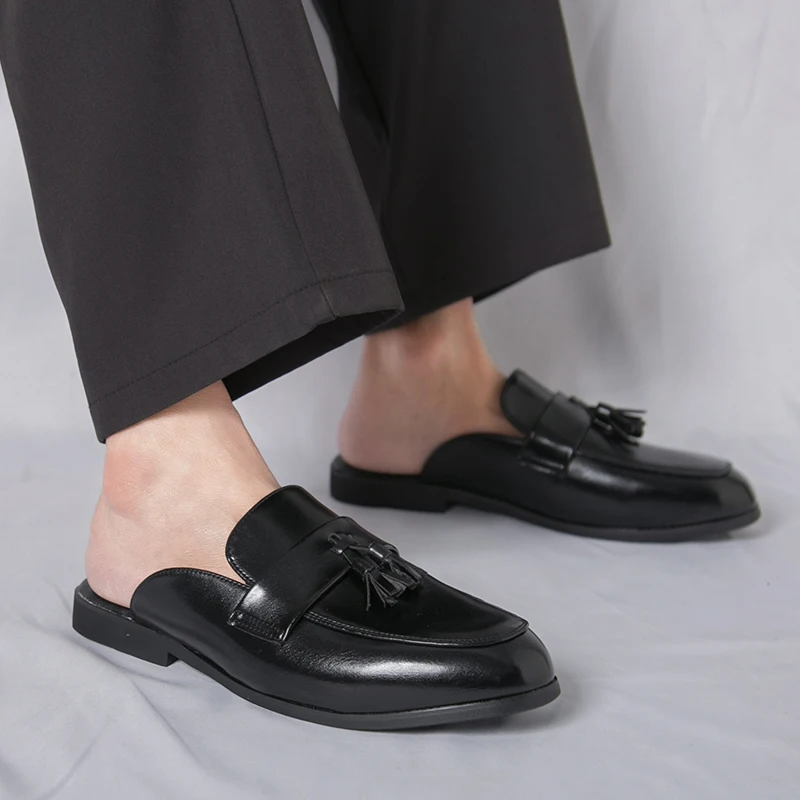 Big Size 46 Leather Mules Men half slippers Backless Casual Shoes Woman Open Back Loafers Slip-on Flat Sneaker Slides Sandals
