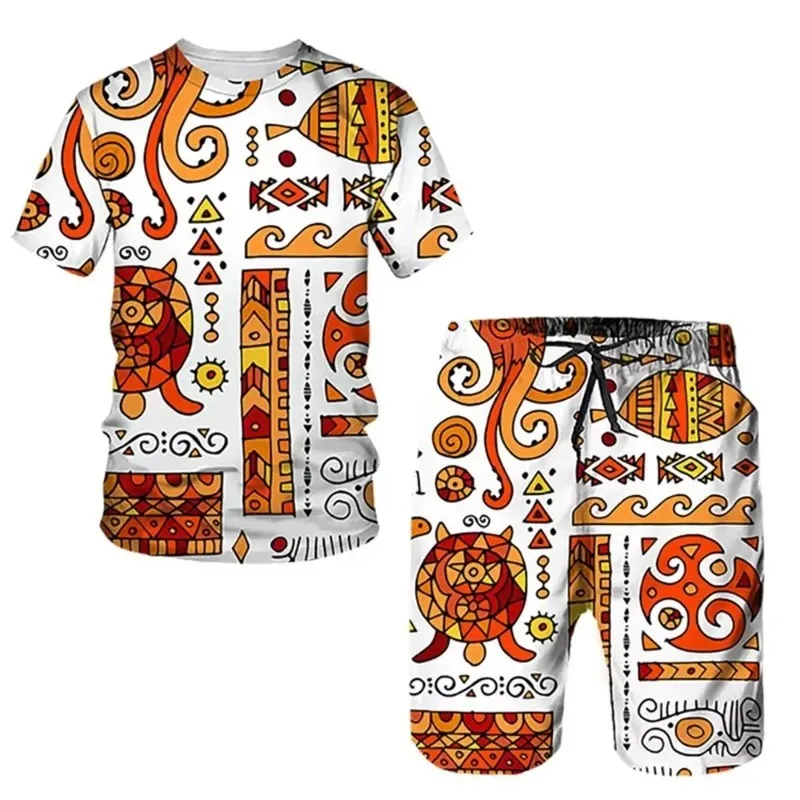 

2025 Summer Sportswear 3D Printed African Ethnic Style Men's and Women's Children's Short Sleeved T-shirt Pants Set