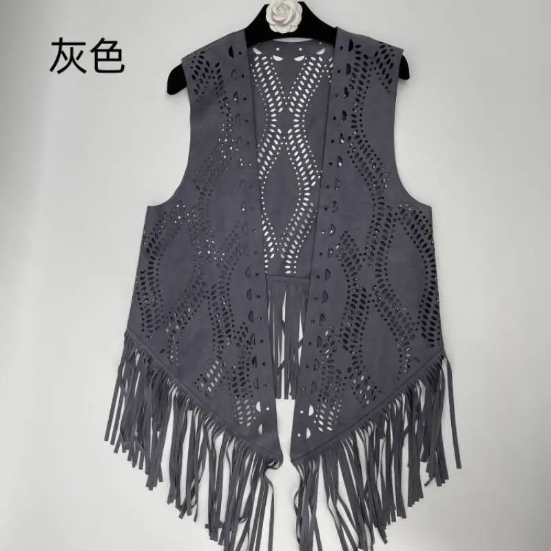 Fashion Casual Women\'s Hollowed Out Flower Fringe Vest Solid Color Loose Cardigan Coat