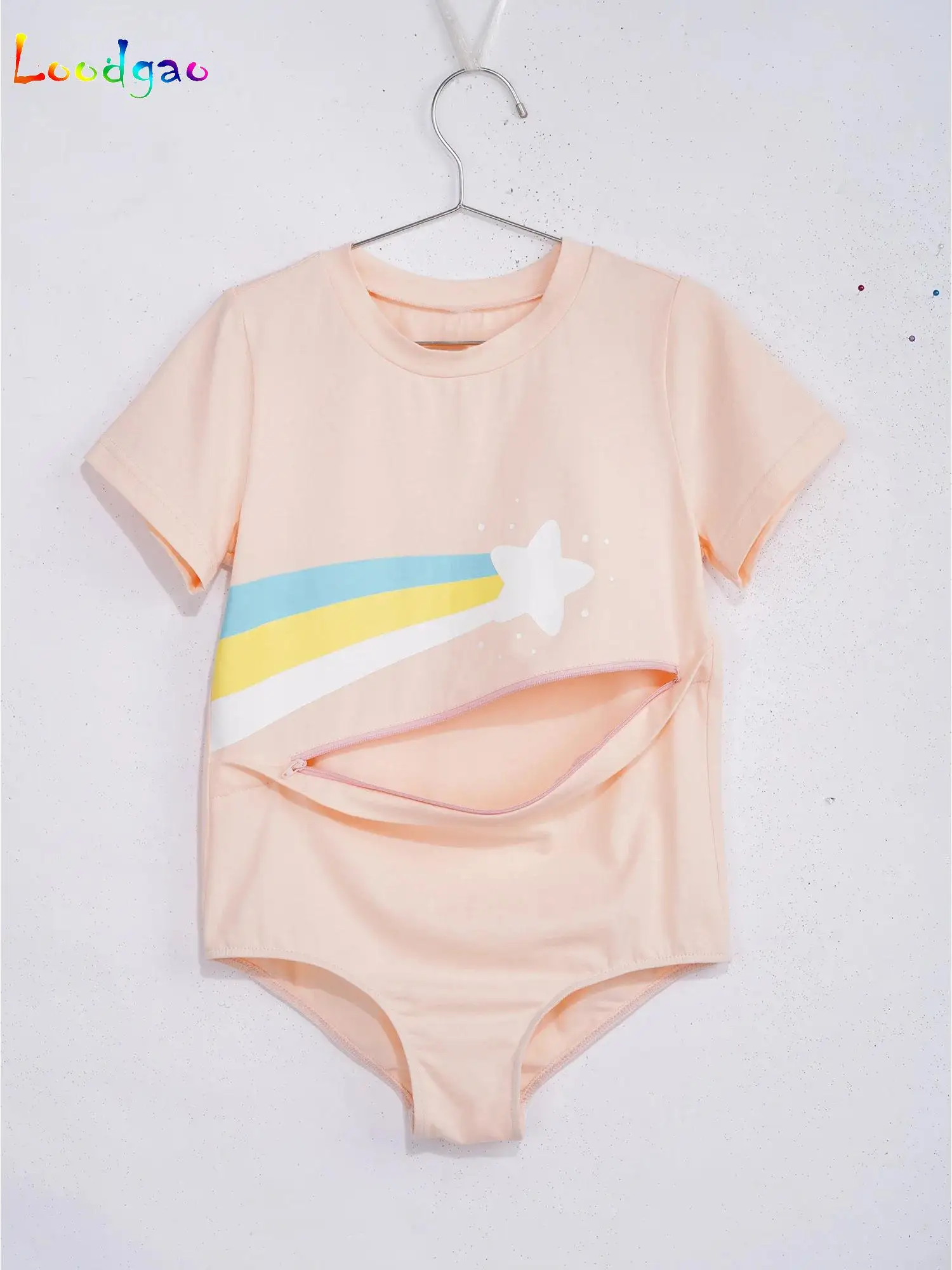 

Special Needs Adaptive Clothing Children Girls Boys Feeding Tube Access Romper Short Sleeve Short Legs Jumpsuit Rainbow Leotard