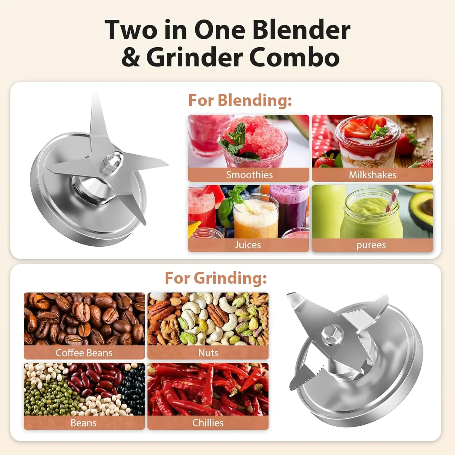 Liquidificador para cozinha, motor de 1800W, 85 Oz BPA Free Counterto Blender and Grinder Combo, grande capacidade, 2 em 1