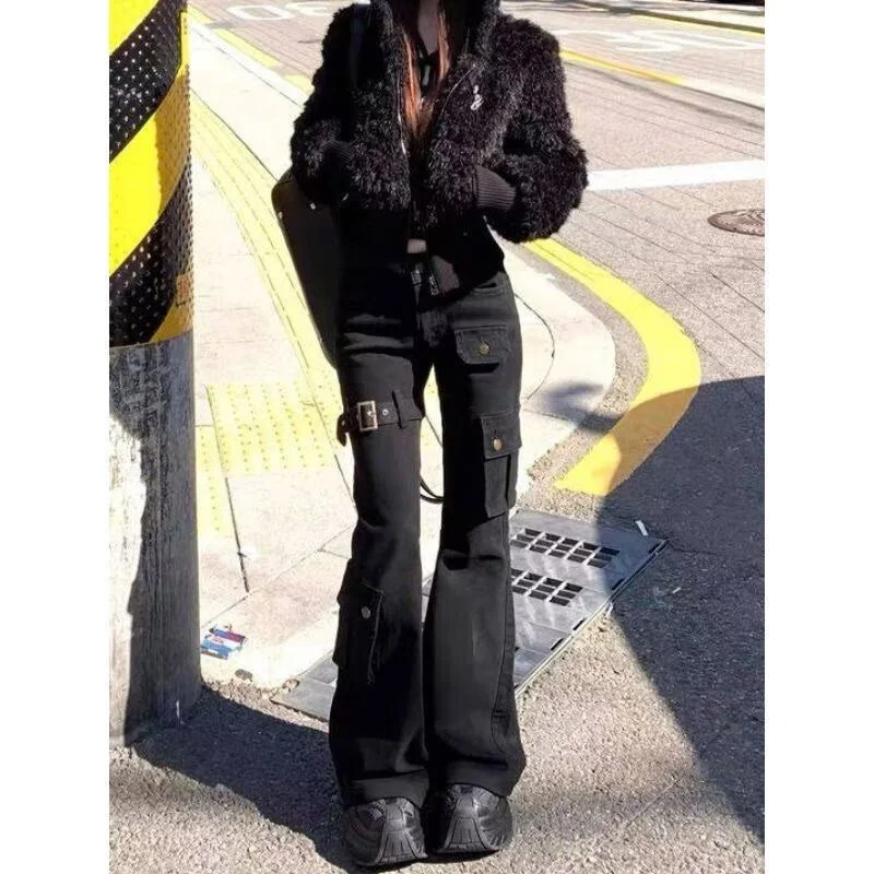 New Spring and Autumn Style Micro-flare Design Touch Pocket American Trousers Strapped Jeans Retro Loose Work Pants