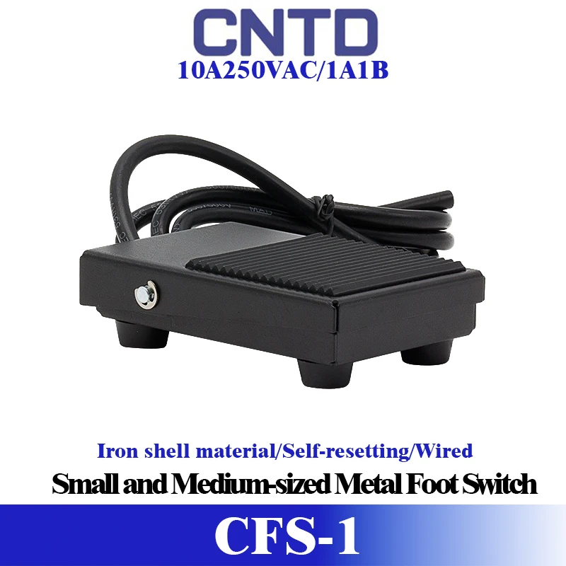 CNTD CFS-1 Mini Foot Switch Iron Housing Painted 10A 250V AC SPDT Momentary Pedal Control 0.5mm² 3C Cable 1m 100x65x28mm Black