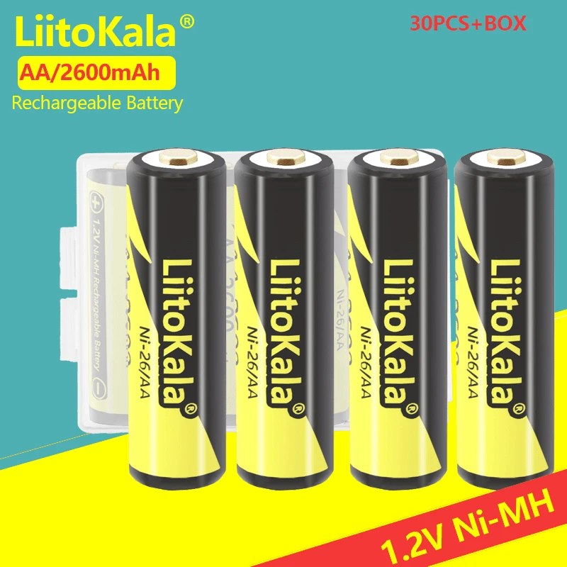 

30PCS LiitoKala 1.2V AA 2600mAh/AAA 1000mAh 1.2V NI-MH Camera Flashlight Toy Pre-Charged Rechargeable Batteries with box