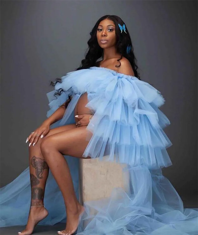 Sky Blue Prom Dress Pregnant Bathrobe Sleepwear Robe For Photo Shoot Maternity Gowns Custom Made Mesh Babyshower