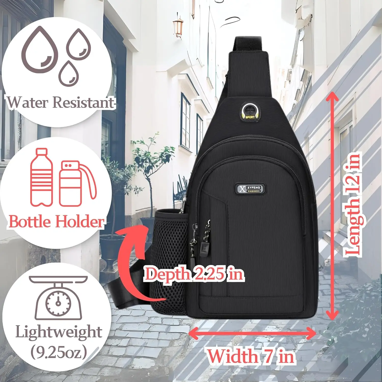 Man Nylon Sling Chest Bag with Bottle Holder Lightweight Waterproof Headphone Cable Hole Cycling Hiking Travel Crossbody Bag