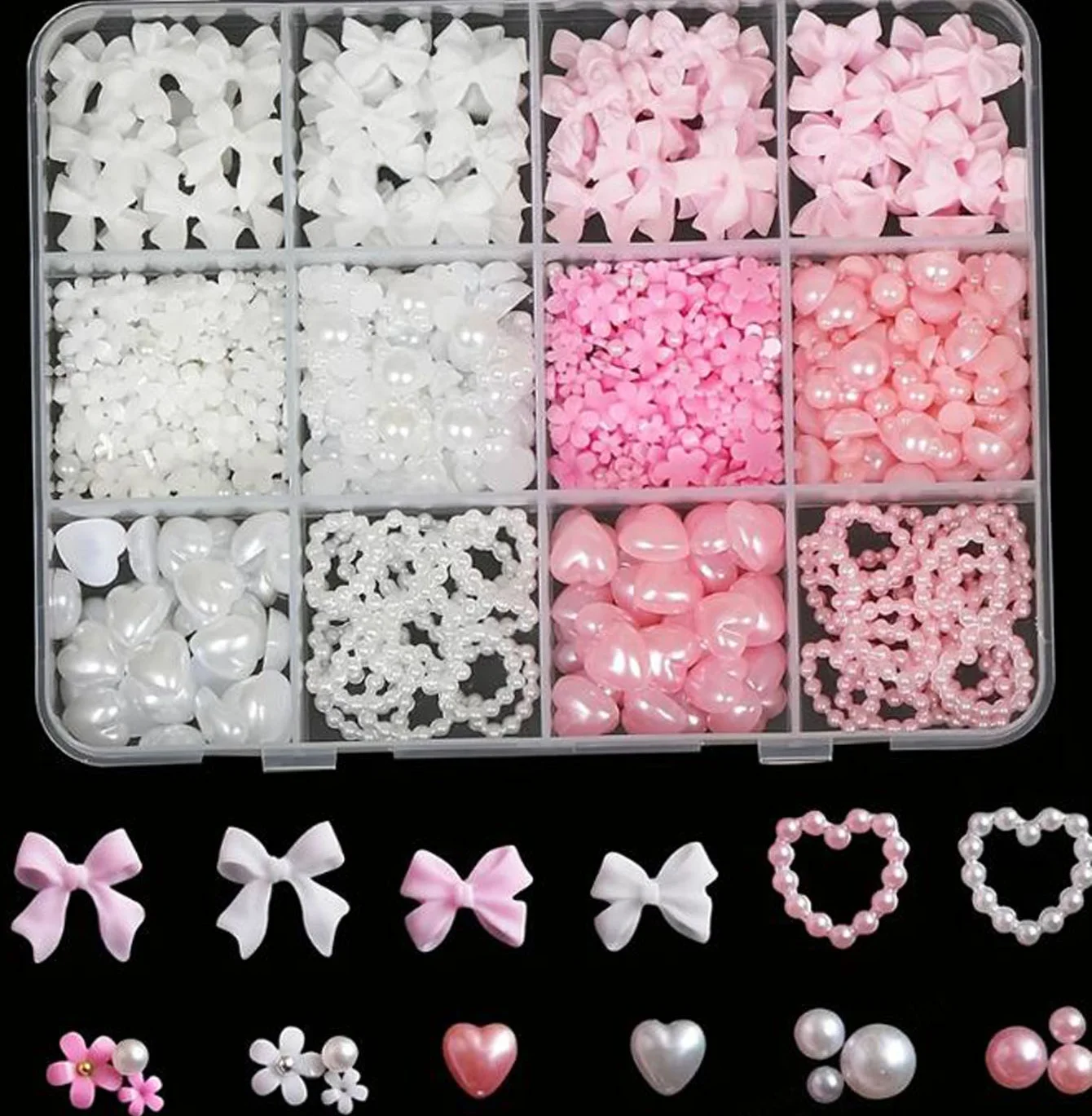 1 Box Rosa Weiß Serie Schleife Herz Nagel Charms 3D Acryl Nail art Dekorationen Perle 5-blütenblatt Blume Schmuck maniküre Zubehör*