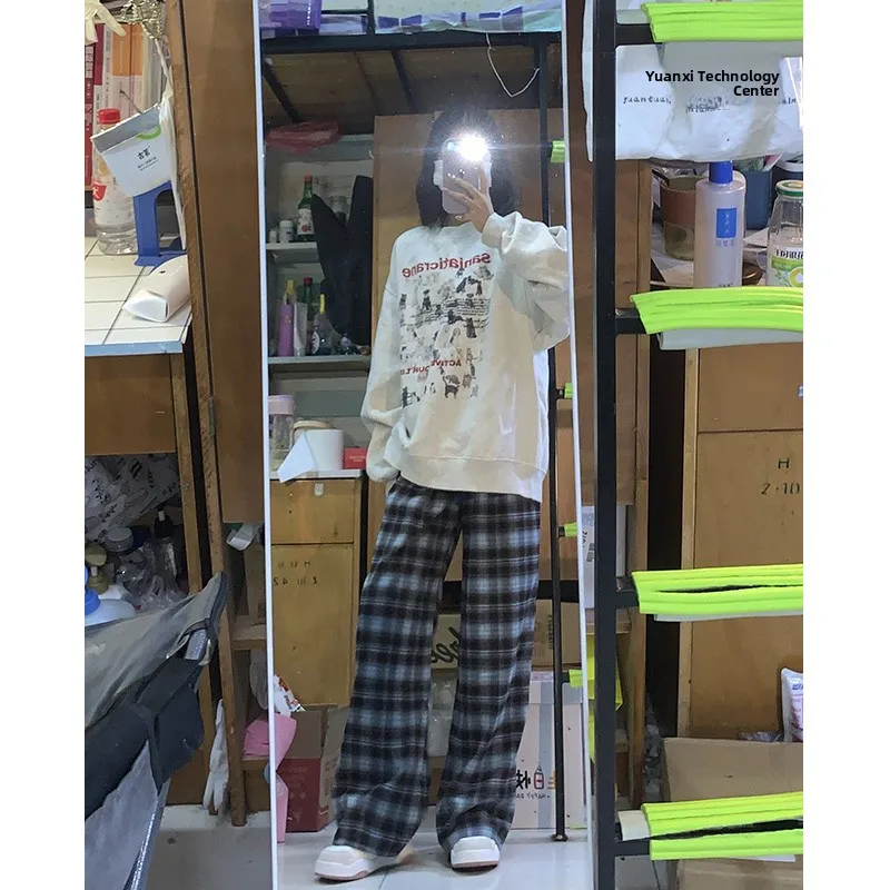 Women's Plaid Pants Fce Lined Loose Wide Leg Casual Versatile Slimming Small Stature Sweatpants High Waist Commute Sle