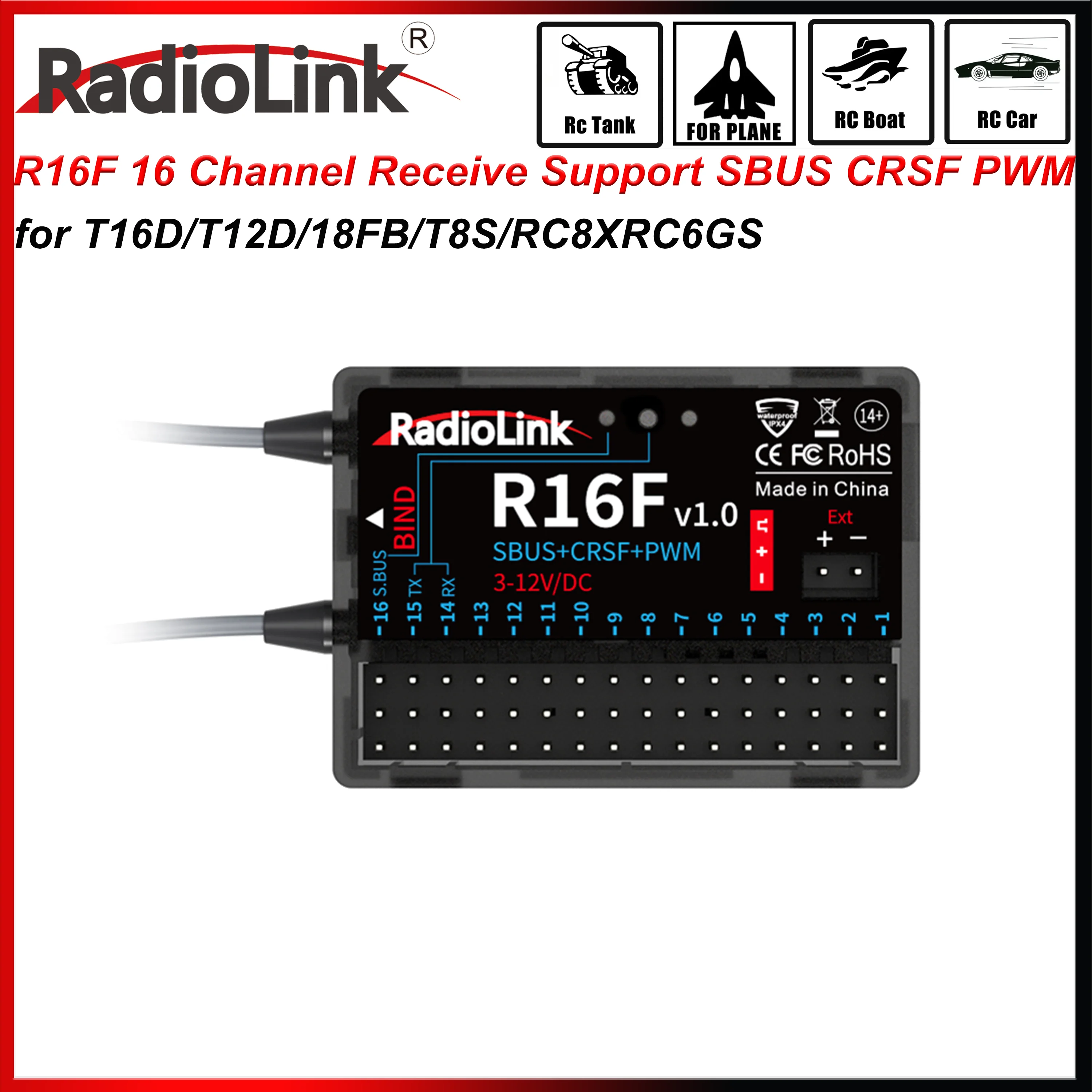 Radiolink R16F 16CH Ricevitore Programmatore incorporato Telemetria 600m Lungo raggio per RC Aereo Auto Barca Serbatoio T16D T12TD 18FB TX