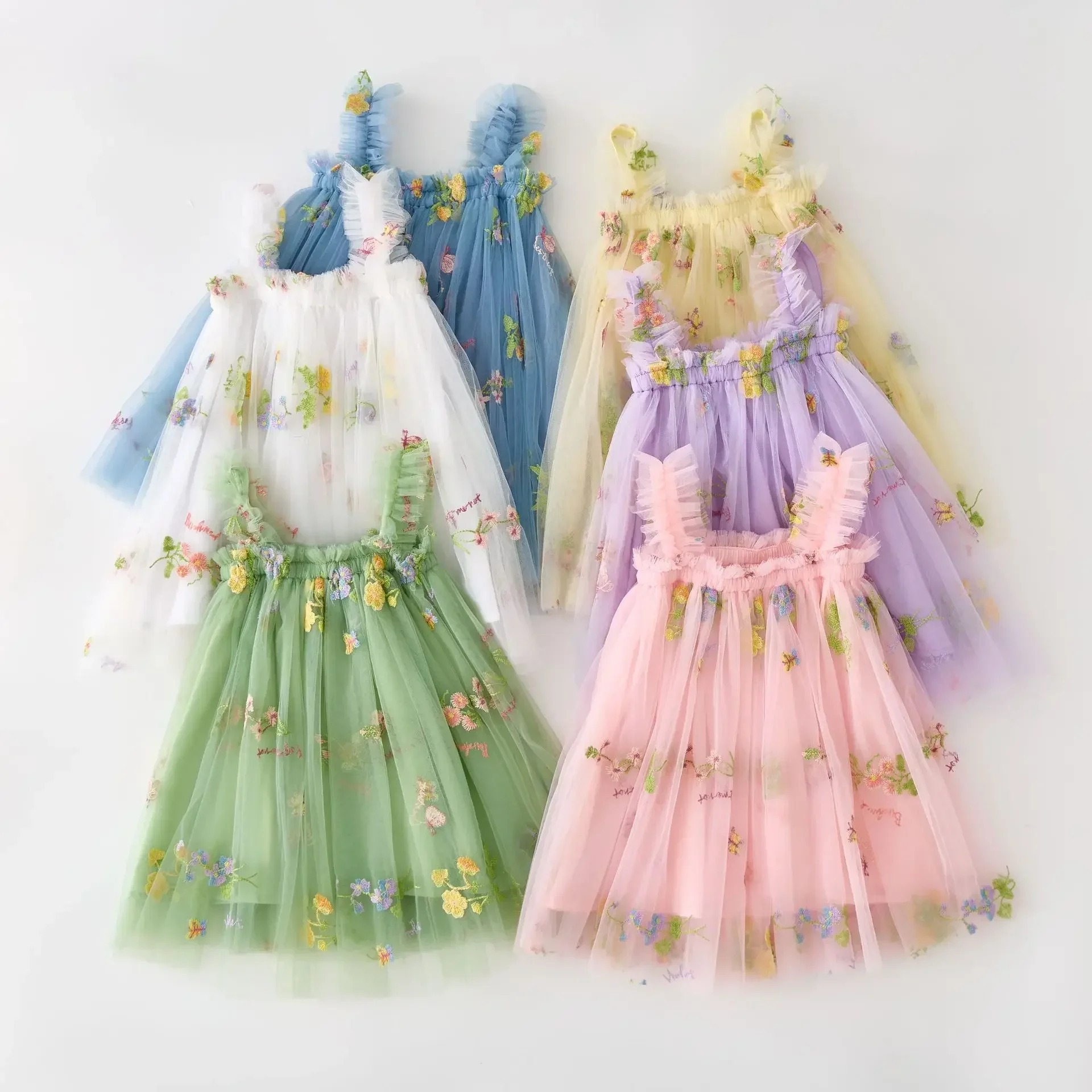 Baby Girls Dress 2024 Summer Vintage Floral Mesh Tutu Princess Dress Birthday Party Strap Dress for 1-5Y Toddler Kids Clothes