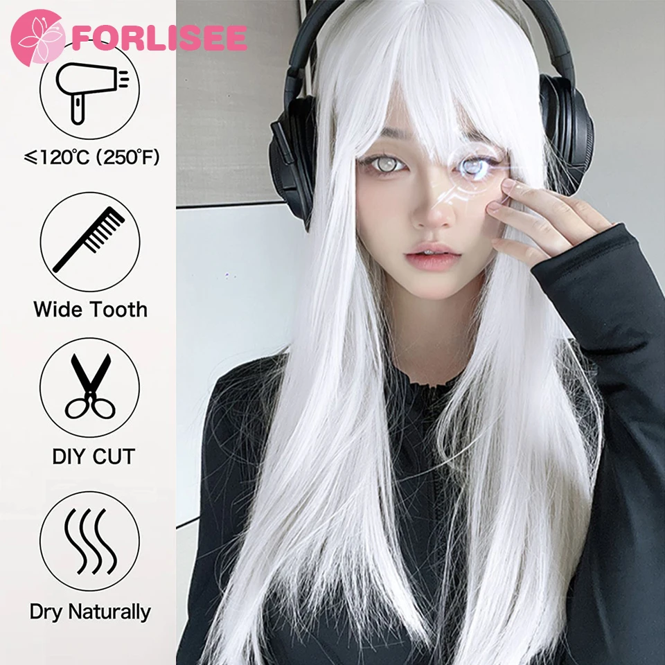 FORLISEE White Wig Women\'s Long Hair Full Head Cover Lolita Japanese Cos Air Bang Long Straight Hair Wig Cover