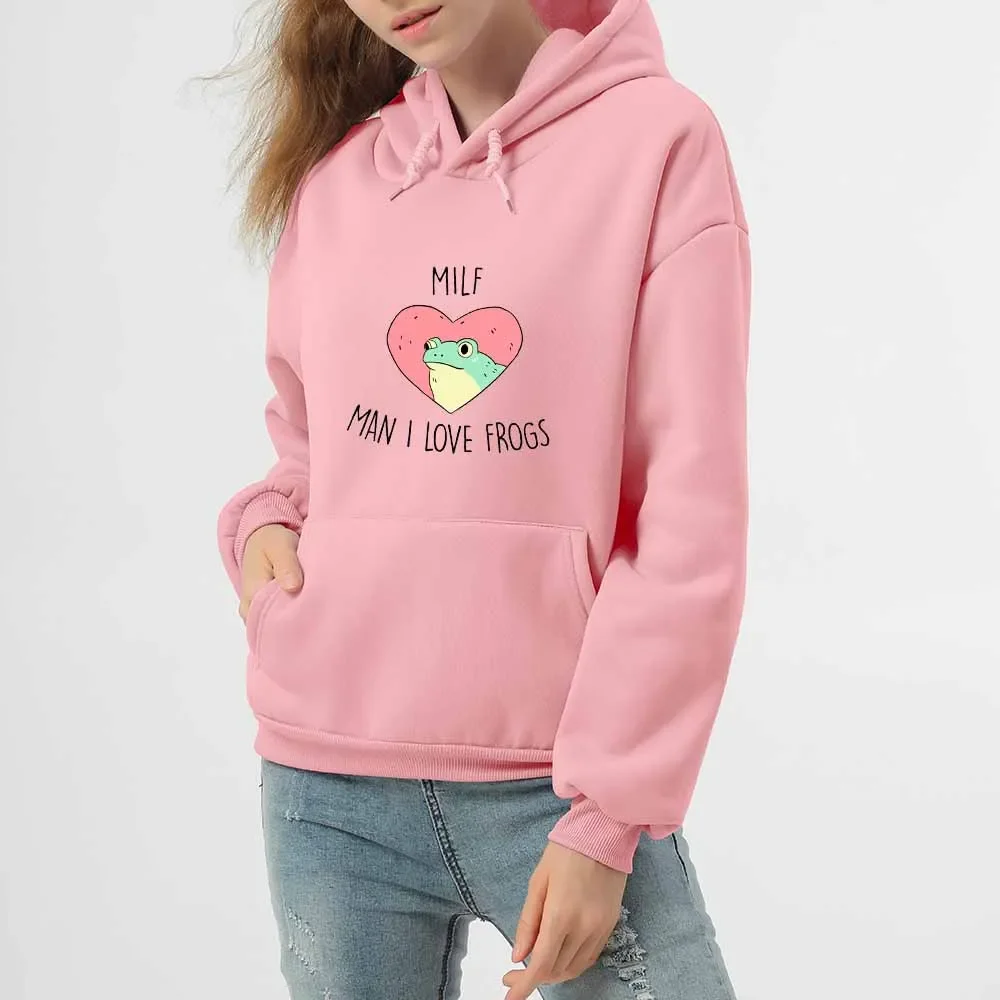 Kawaii Tops Soft Girl Pocket Drawstring Pullover Hoodie Autumn Warm Sweatshirt Women Long Sleeved Cute Frog Printing Hedging