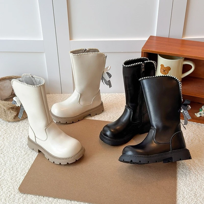 

2025 New Girls Long Boots Sweet Princess Kids Mid-calf Boots Catwalk Fashion Children's Bowknot Platform Boots for Wedding Party