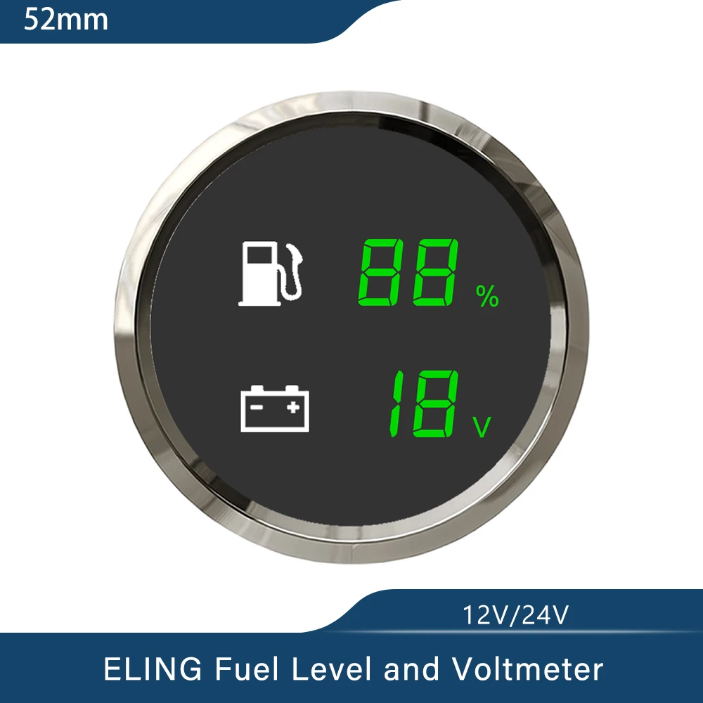 New 52mm 2 in 1 Digital Fuel Level Water Level Water Temp. Holding Tank Level Gauge Voltmeter 9-32V for Car Boat Universal