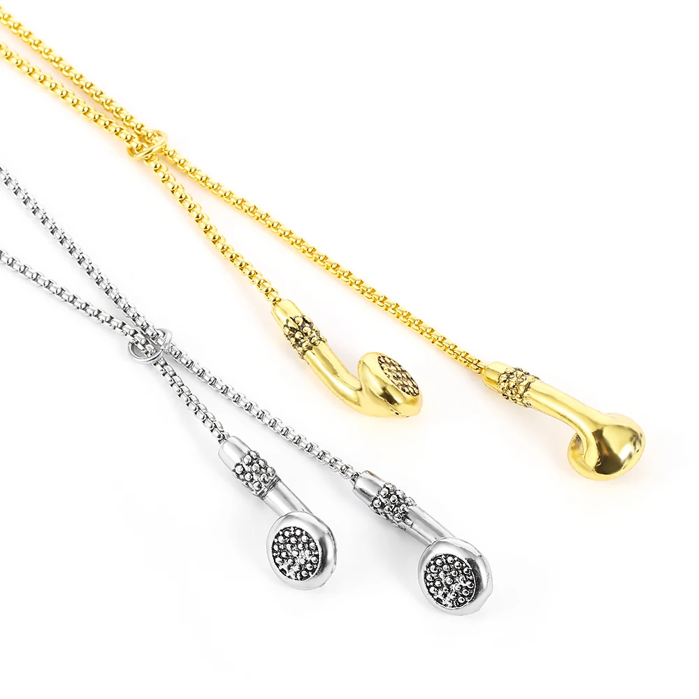 Retro Creative Earphone Shaped Metal Necklace Fashion Personality Pendant Clothing Sweater Chain Accessory for Women Men view 2