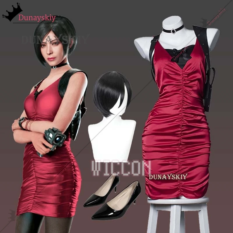 Female Resident 4 Ada Wong Cosplay Costume Evil Cheongsam Dress Red Ada Wig Shoes Halloween Carnival Disguise Suit Women Girls