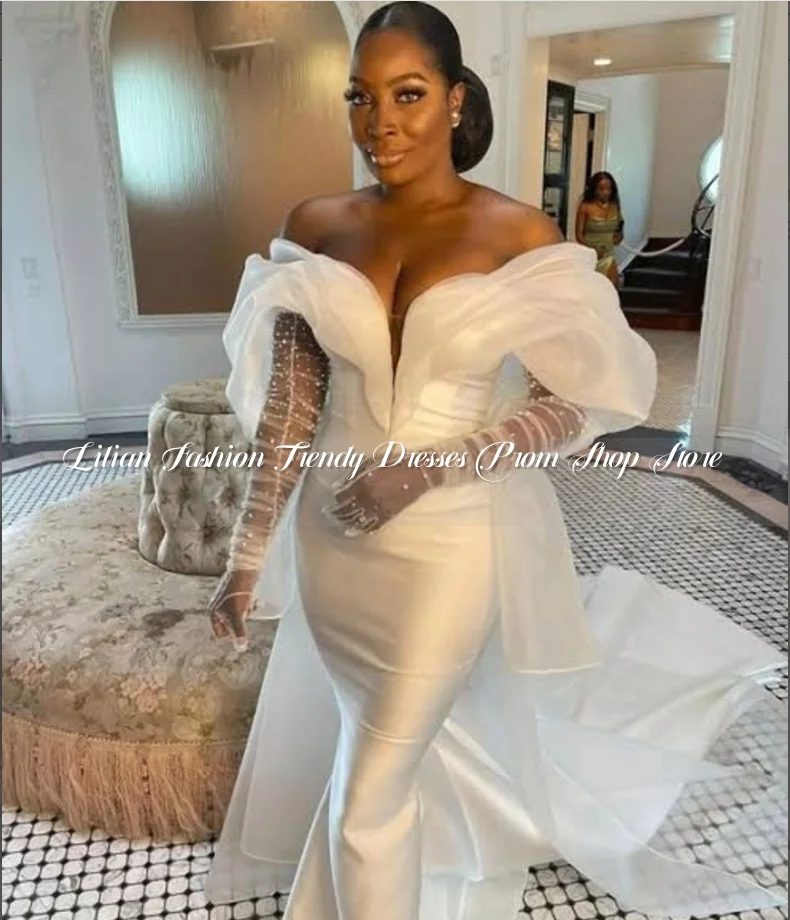 Elegant Aso Ebi Mermaid Wedding Dress 2025 Exquisite Strapless Satin Beach Party Dresses Customised Bridal Gowns robes de soirée