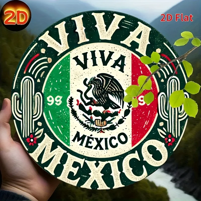 1pc Vintage 'Mexico' Round Metal Sign - 7.8x7.8 Inches, Durable Aluminum Wall Art with Cactus & Floral Design, Perfect for Garag