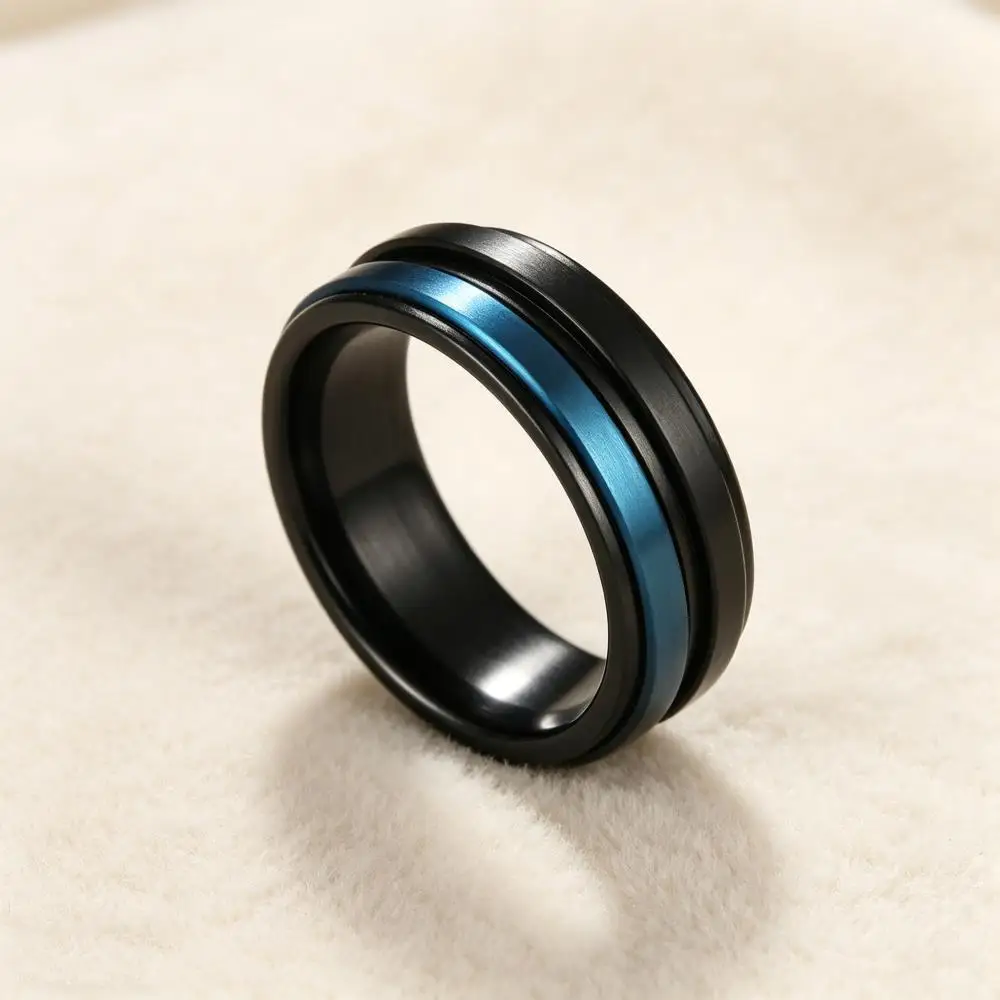 Two Tone Black Blue Color Rotating Stainless Steel Spinner Rings For Men Rocking Vintage Male Wedding Bands Party Jewelry Gifts
