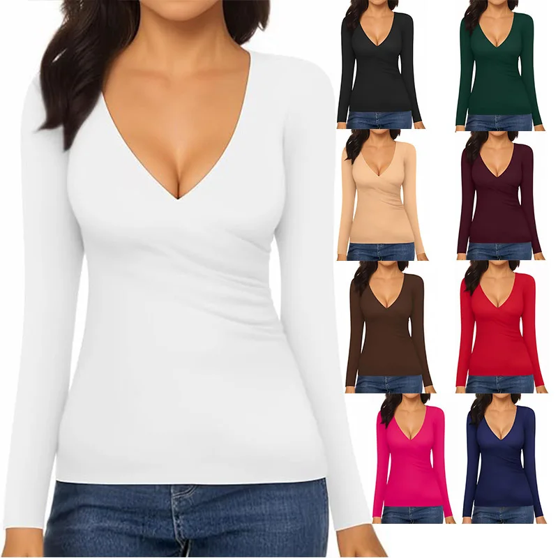 Cross-border Amazon's new hot-selling women's cross-pleated low-cut sexy deep V-neck slim-fitting long-sleeved T-shirt cw80459