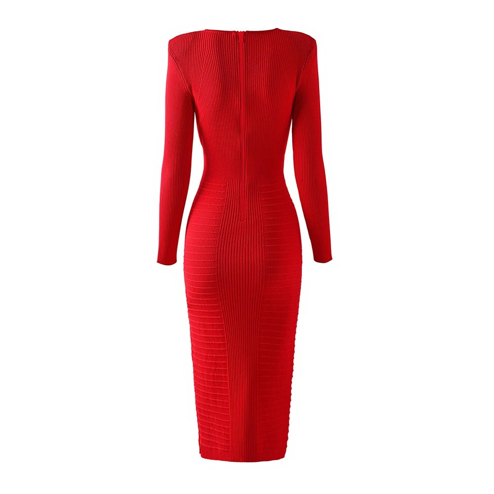 Christmas New Year Red Women Long Knitted Dress Wrapped Waist Bodycon Stretchy Fabric Tall Lady High Street Clothing