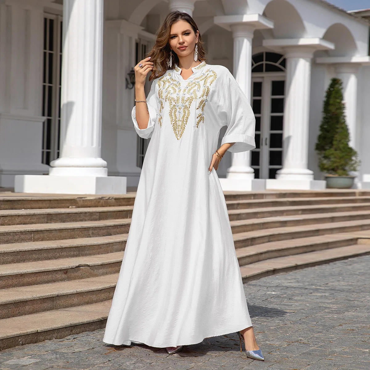 Eid Muslim Women's Abaya for Moroccan Floral Embroidery Casual Clothing Dubai Three Quarter Sleeve Banquet Elegance Long Dresses