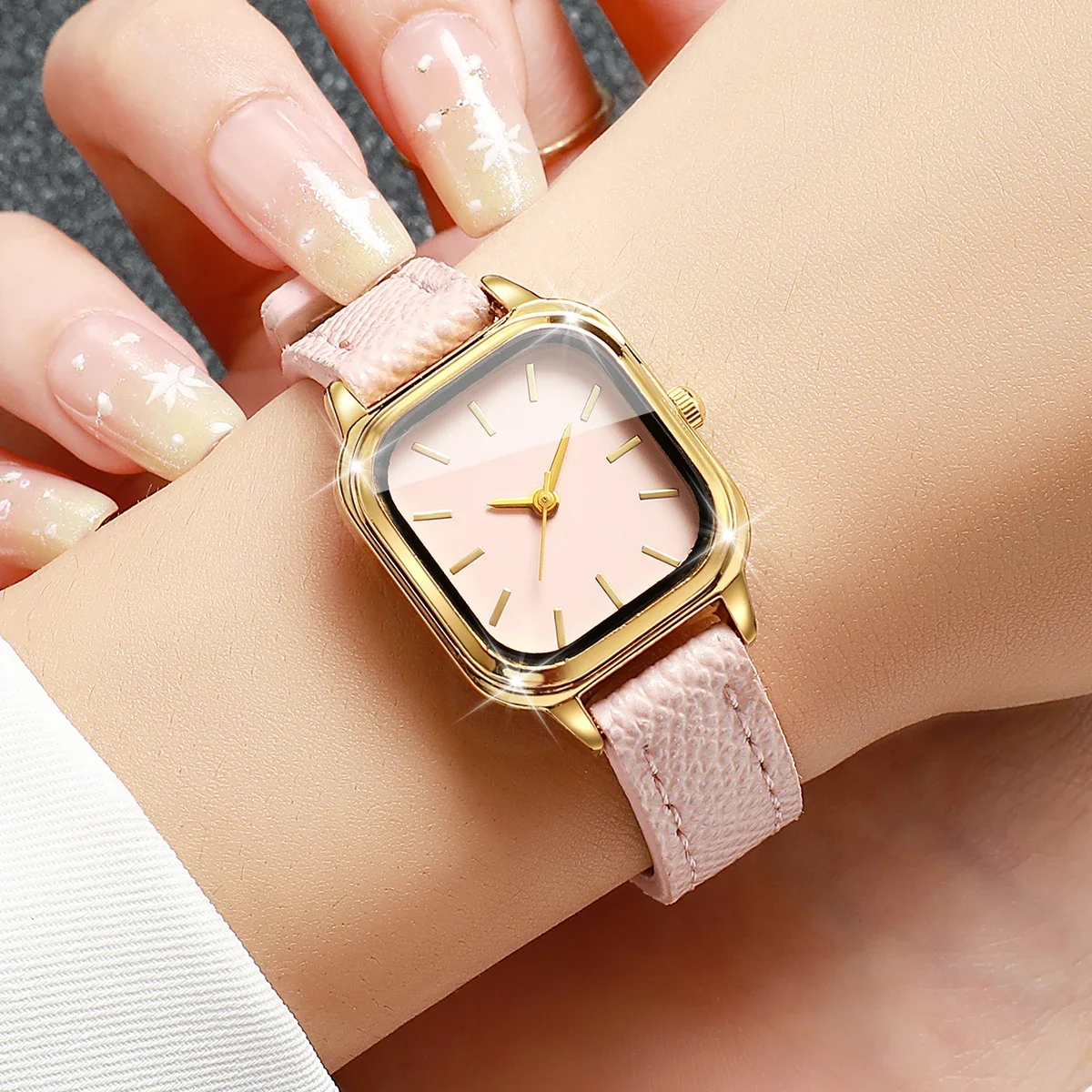 Elegant Pink Leather Strap Ladies Women Quartz Watch Ladies Square Dress Wristwatches Clock Gift Relogio Feminino（Without Box）