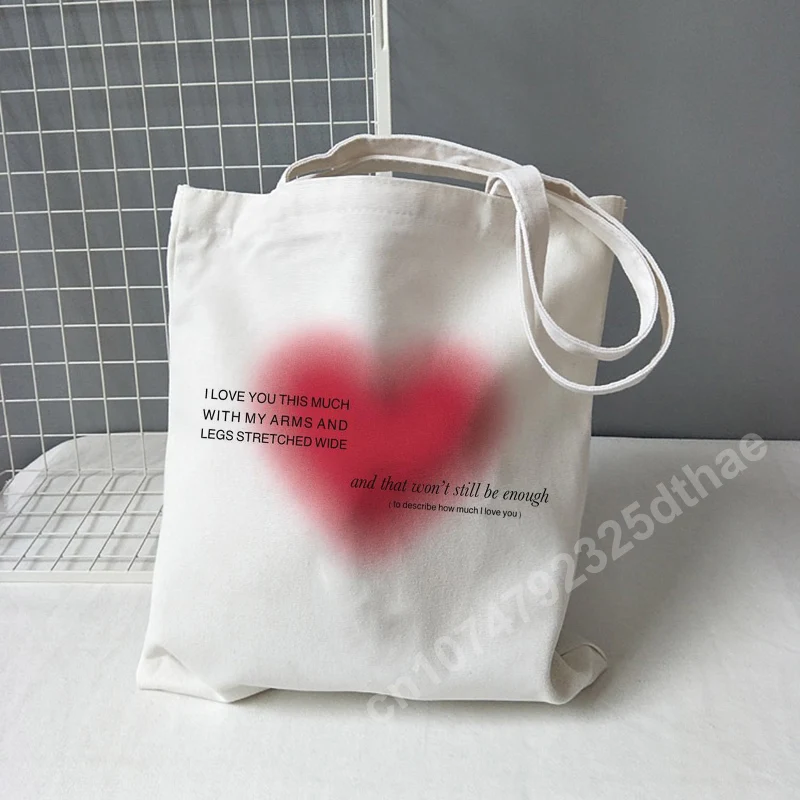 Korea Ulzzang Ins Heart Shoulder Bag Harajuku Women Art Gothic School Anime Canvas Handbag Large Capacity Casual Shopper Bags