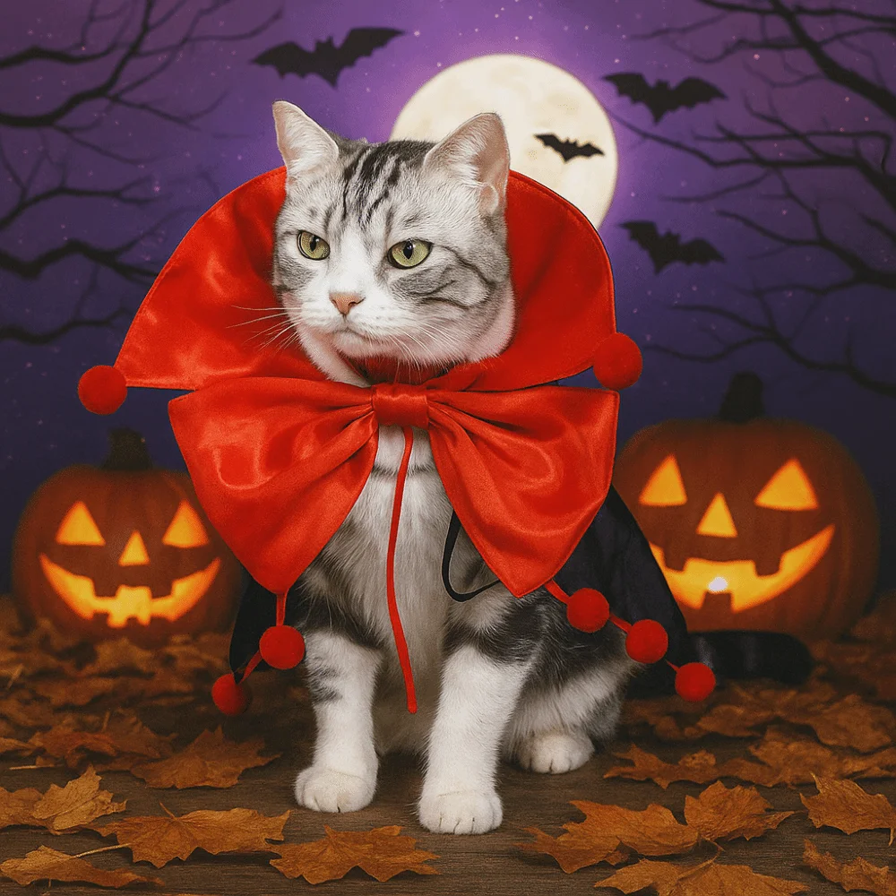 

Classic Stand-collar Halloween Pet Costume Comfortable Adjustable Cat Cosplay Cloak Soft Fabric Bow Kitten Puppy Dress Party
