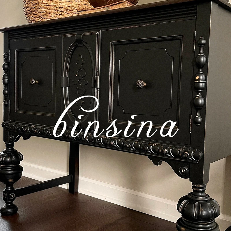 French black solid wood entrance, retro style old carving, storage side cabinet