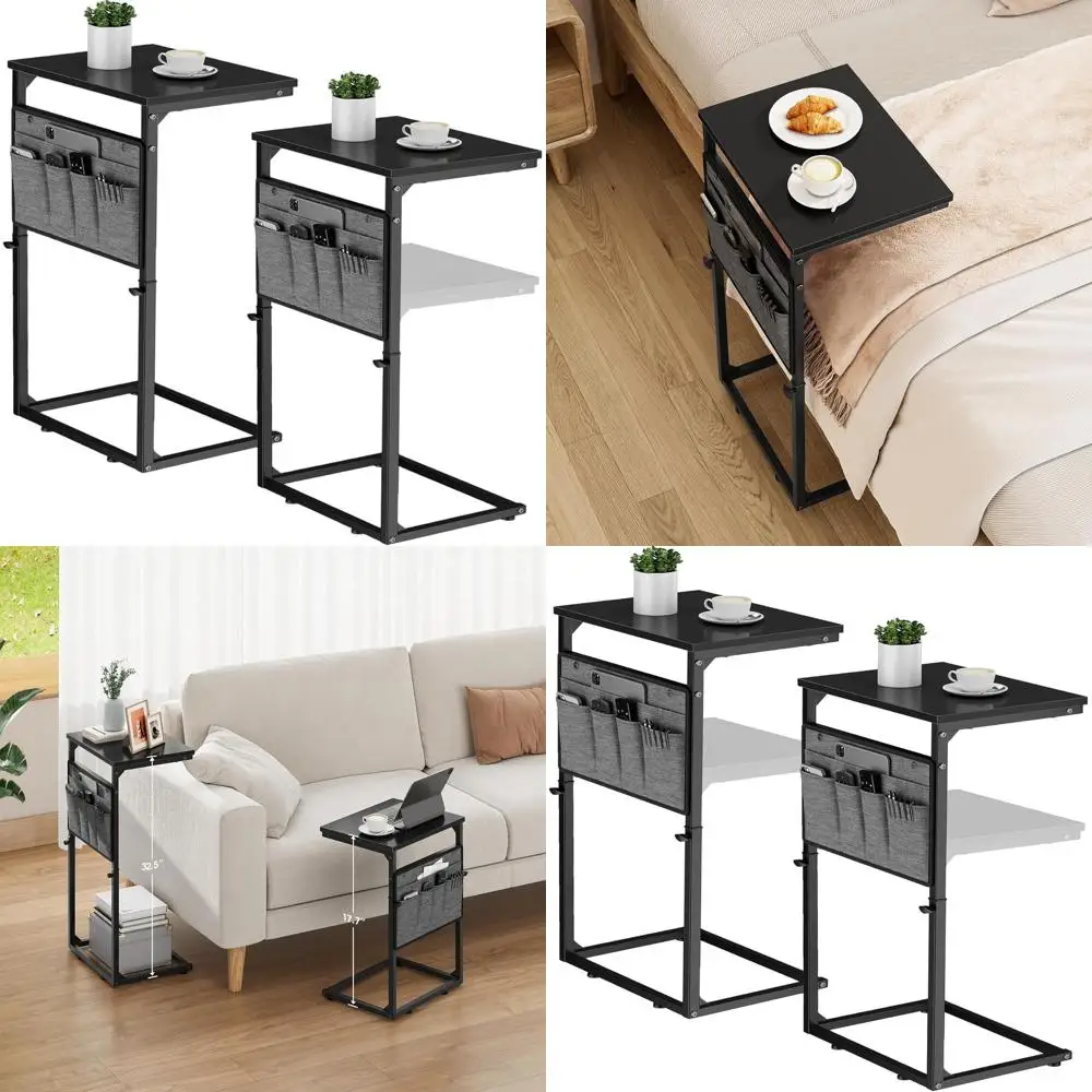 

Pair of Adjustable Height C-Shaped Side Tables for Sofa, Compact Living Room End Tables, Black