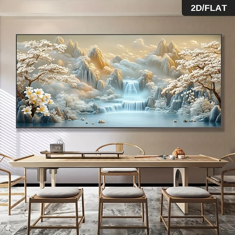 

Frameless Modern Abstract Canvas Art-peaceful Mountain and Waterfall Scenes with Blooming Flowers,for Living Room Wall Decor