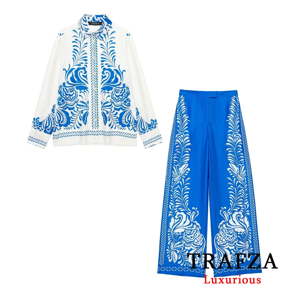 TRAFZA Vintage Blue Geometric Print Women Suits Long Sleeve Buttons Loose Shirts+High Waist Wide Leg Pants Fashion 2024 Sets