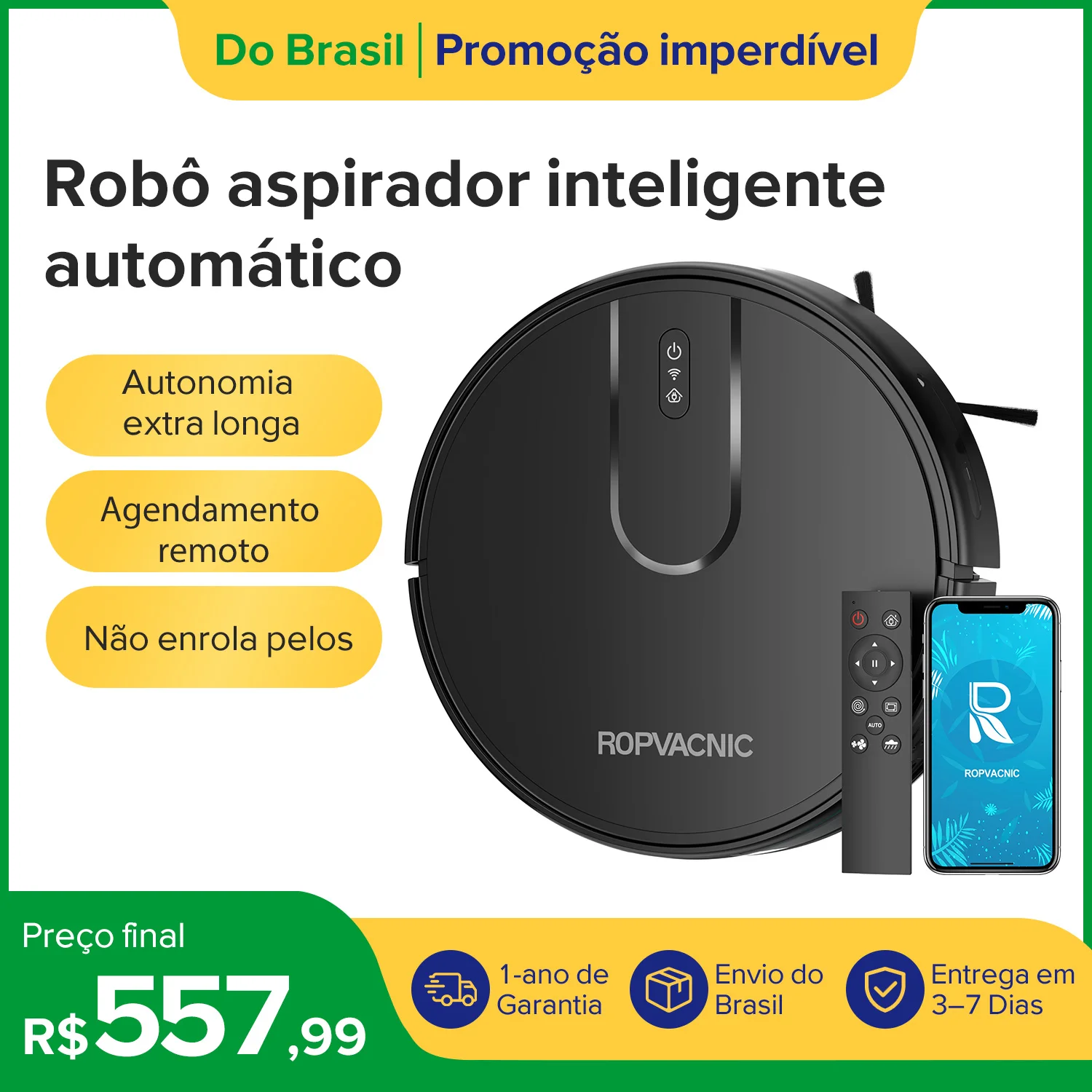 Robô Aspirador de Pó, Longa Duração, Limpeza 3 em 1: Varre, Aspira e Passa Pano. 2h10min de bateria, Wi‑Fi, controle remoto, bivolt, sensor anti-queda e anti-colisão,ROPVACNIC S1