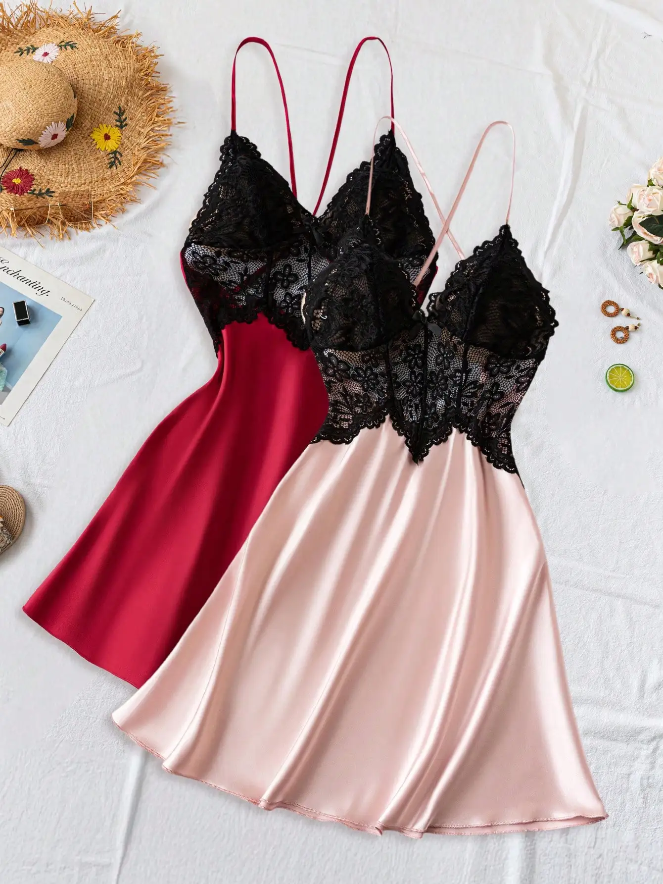 

2pcs Women's Satin Lace Camisole Nightgowns Set - Backless Sleepwear in Red & Pink